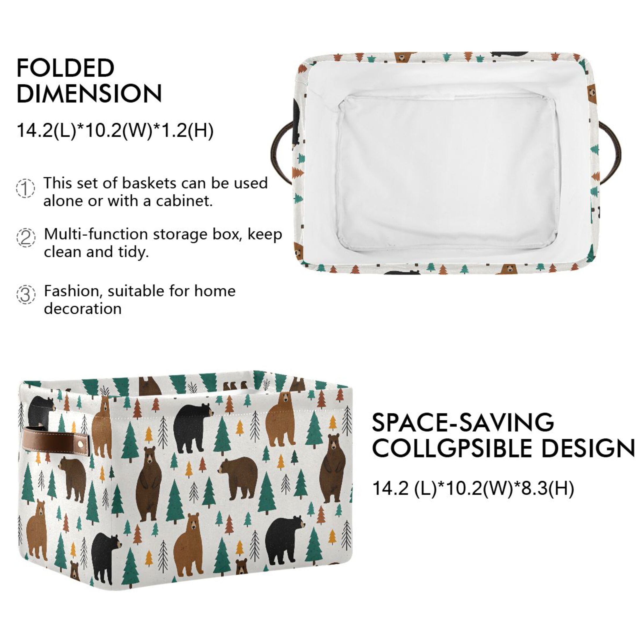 Storage Bins with Handle Fabric Organizer Basket Foldable Box 1 Pack Bear Forest 14.2x10.2x8.3