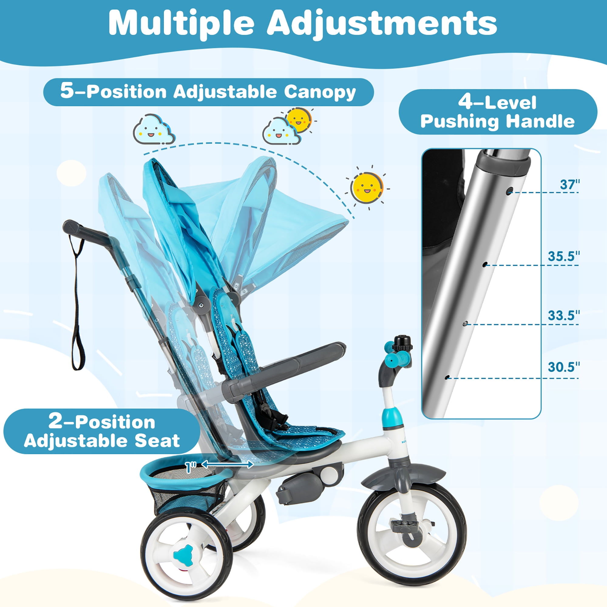 Gymax Baby Tricycle Stroller 6-in-1 Kids Push Trike w/ Removable 5-Position Canopy Blue