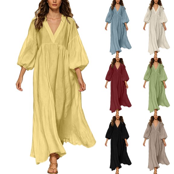 Women's Boho Deep V Neck Maxi Dress, Lantern Sleeve Loose Flowy Swing Dress, Solid Casual Vacation Beach Cover Up Dress for Summer Outfits Yellow XL(XL)