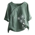 thumbnail image 2 of CHOK Hauts pour Femmes en Liquidation à Moins de 5$ Hauts Décontractés Printemps Été Manches 3/4 Coton Lin Imprimé Graphique Pissenlit Col Rond Blouses Vintage Grande Taille, 2 of 4