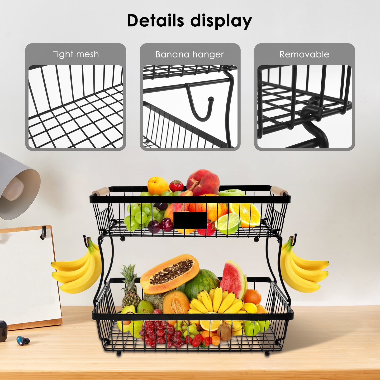 2 Tiers Fruit Basket with 2 Banana Hangers and Wood Handles Detachable Fruit Holder Multifunctional Fruit Rack Kitchen Countertop Rack for Vegetable Fruits Black