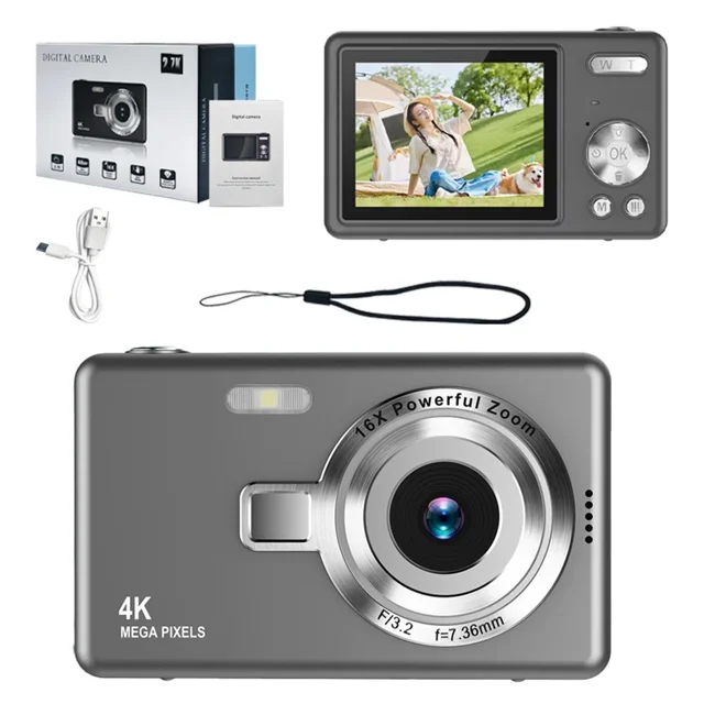 Cámara Digital Para Niños, 4K Fotos Y Video 1080P, Zoom 16x, Pantalla LCD 2.4", Recargable, Fácil De Usar Para Niños 5+ (Colores: Púrpura, Rosa, Negro, Blanco, Plata)