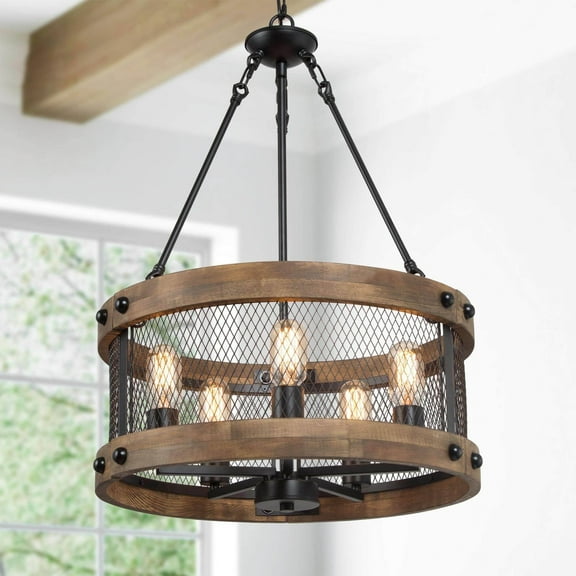 LNC 5-Light Matte Black and Distressed Wood Drum Lantern Farmhouse Chandelier