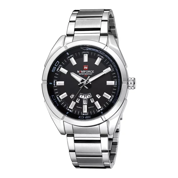 Reloj De Negocios Naviforce Para Hombre De Acero Inoxidable Correa Plateado Bisel Negro Fondo Plateado