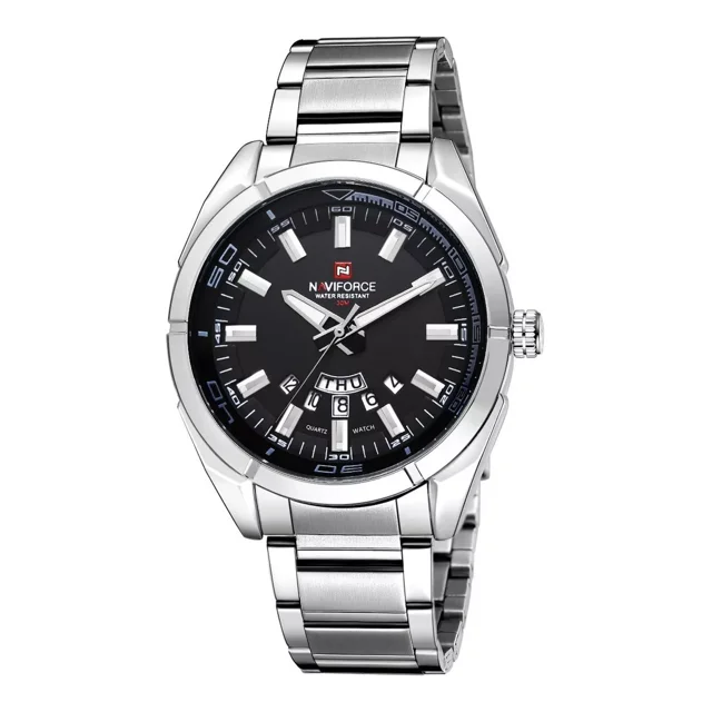 Reloj De Negocios Naviforce Para Hombre De Acero Inoxidable Correa Plateado Bisel Negro Fondo Plateado