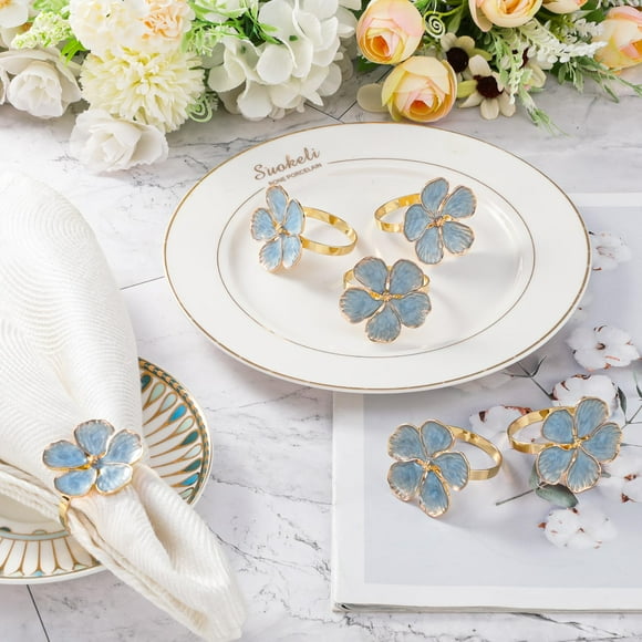 Lewondr Napkin Rings Set of 6 Flowers Napkin Ring Holders Dinner Tables Rings Elegant Ornament Table Setting Decoration for Wedding, Christmas, Thanksgiving, Birthday, Holiday, Party, Blue