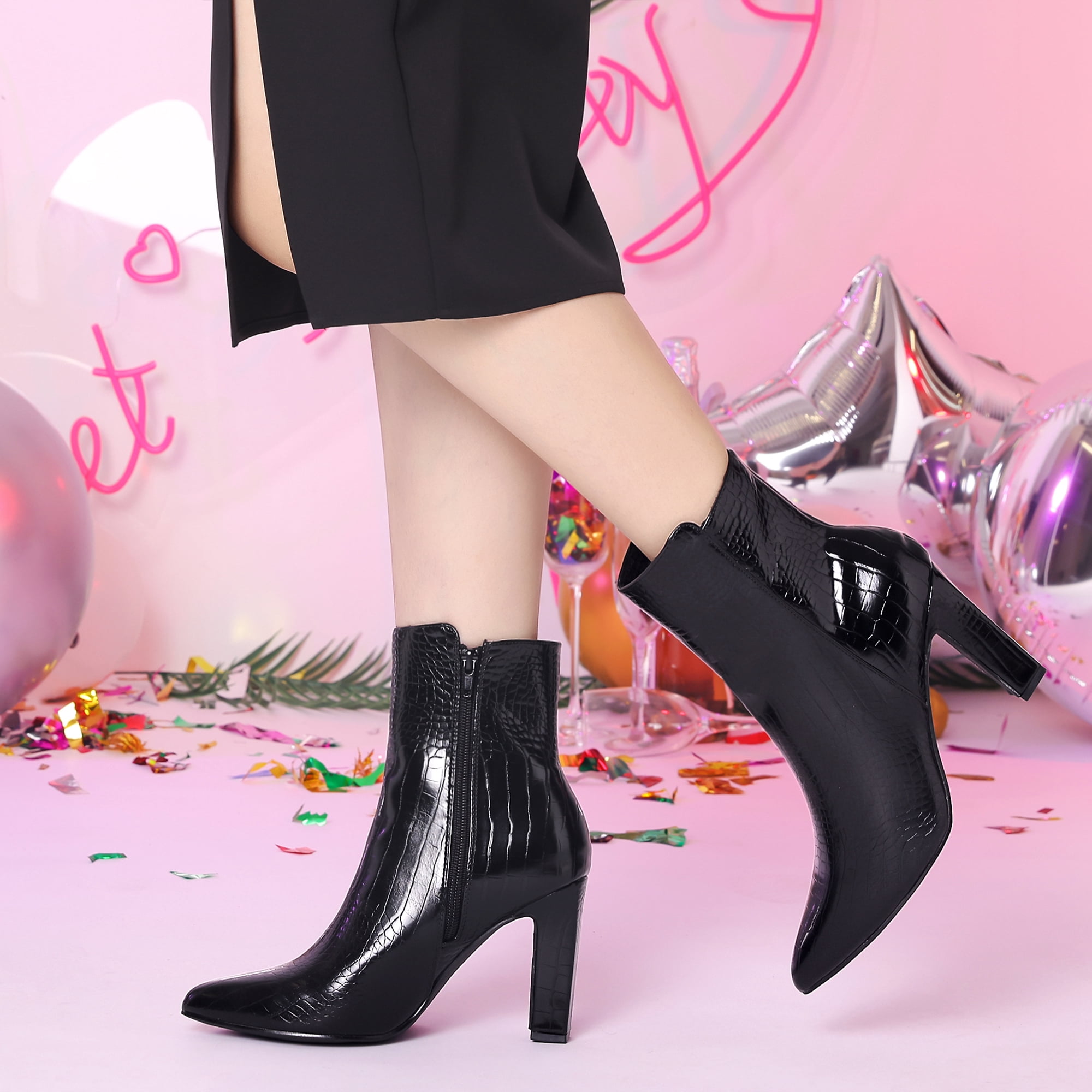 DARING DIVA Women's Pointy Toe Block High Heels Ankle Boots Black 9