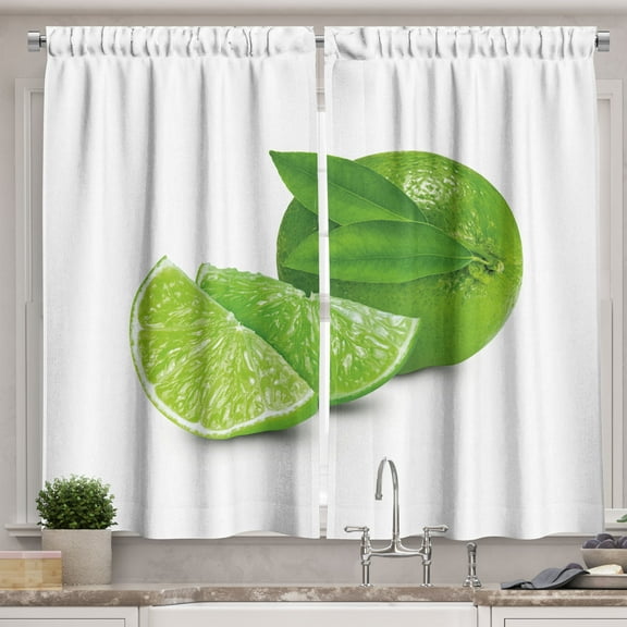 Ambesonne Lime Kitchen Curtains, Whole Sliced Citrus Fruit View, 55"x24", Fern Green and White