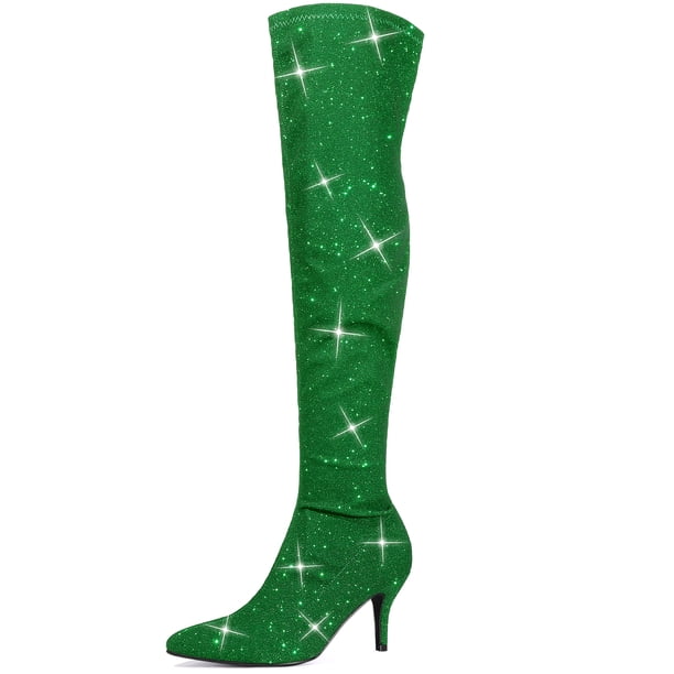 De las mujeres Brillo Dedo Puntiagudo Tacones de aguja Sobre la rodilla Botas altas Verde 40