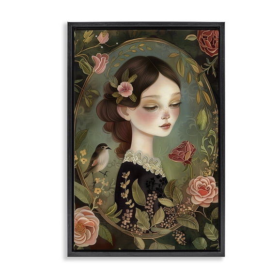 Stupell Industries Victorian Vintage Lady & Floral Border Black Floating Frame Canvas Art, 17 x 25, by The Dutch Lady