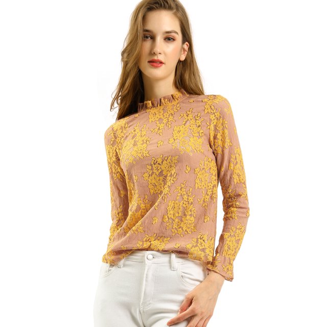 INSPIRE CHIC Women's Crochet Lace See Through Floral Ruffle Neck Blouse