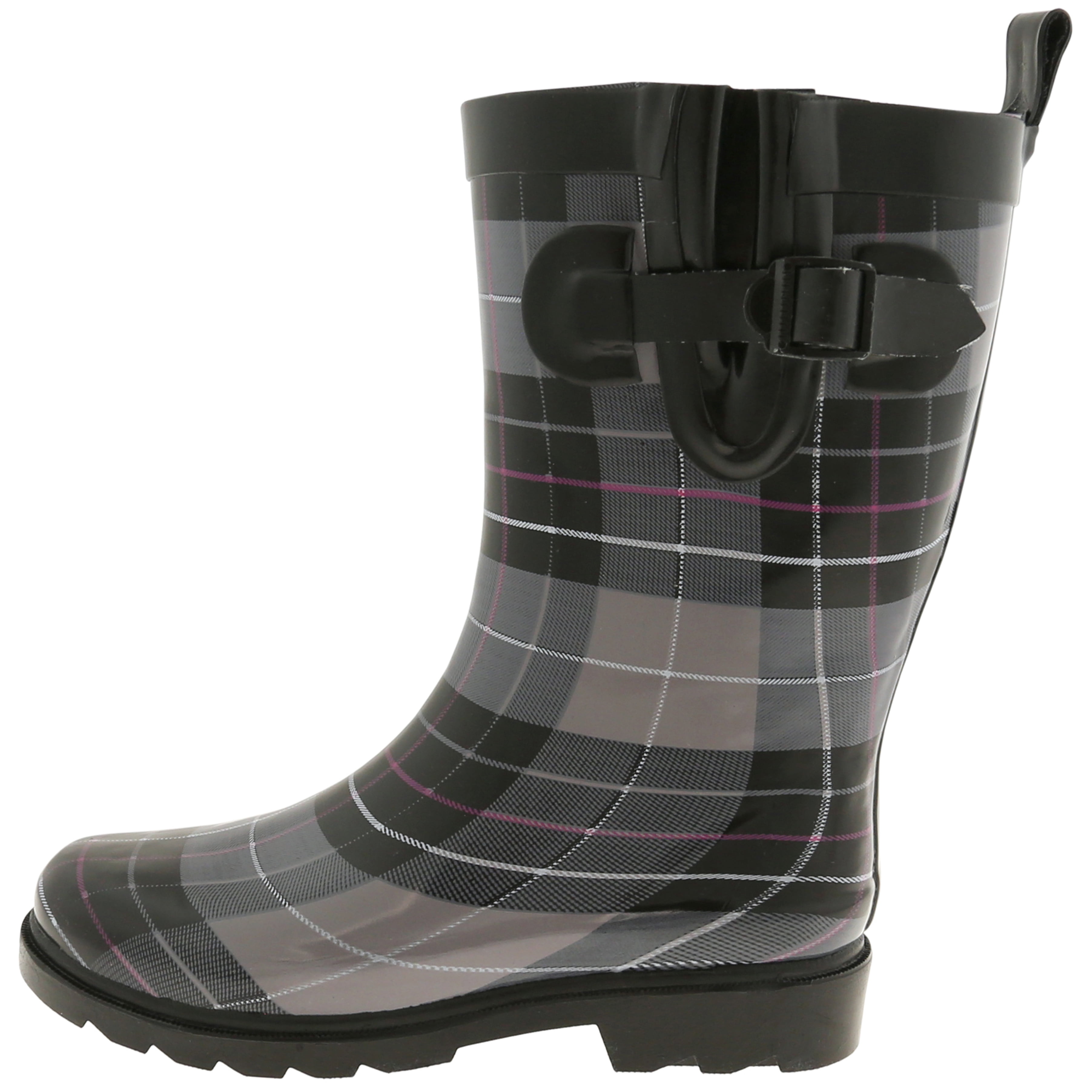 Shiny Classic check Printed Mid Calf Rubber Women Rain Boot
