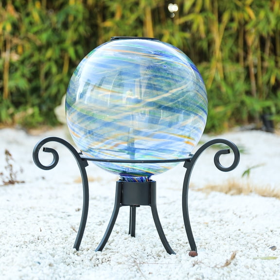 12 Inch Swirl Glass Solar Gazing Ball – LED Globe Light, Decorative Outdoor Accent for Garden, Patio & Lawn,Outdoor Decor