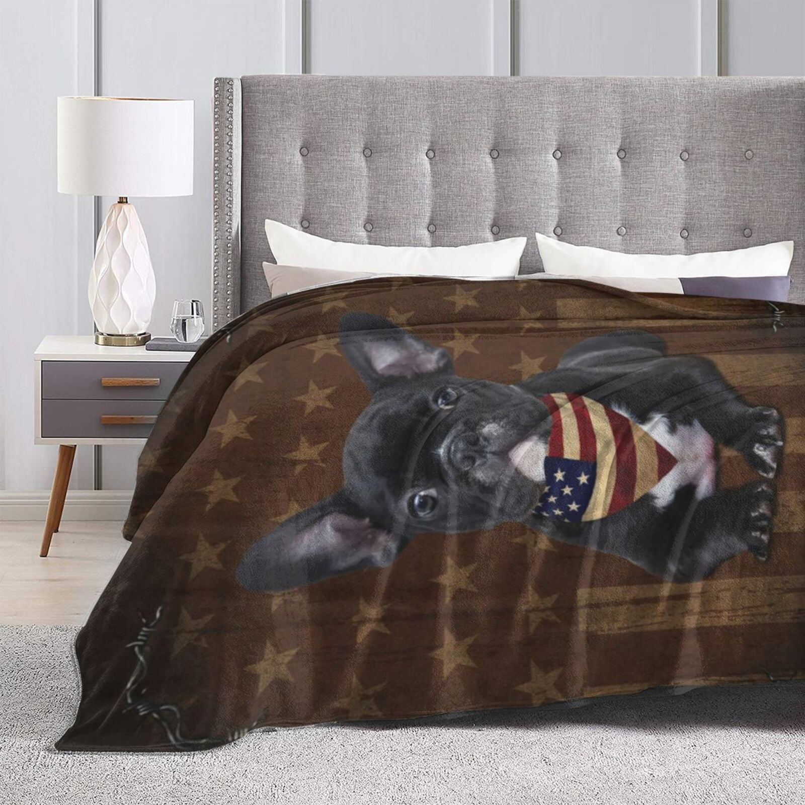 Wijzvio French Bulldog Dog With Vintage American Flag Throw Blanket Soft Fuzzy Fleece Blanket For Couch Bed Living Room Decoration 50"X40"