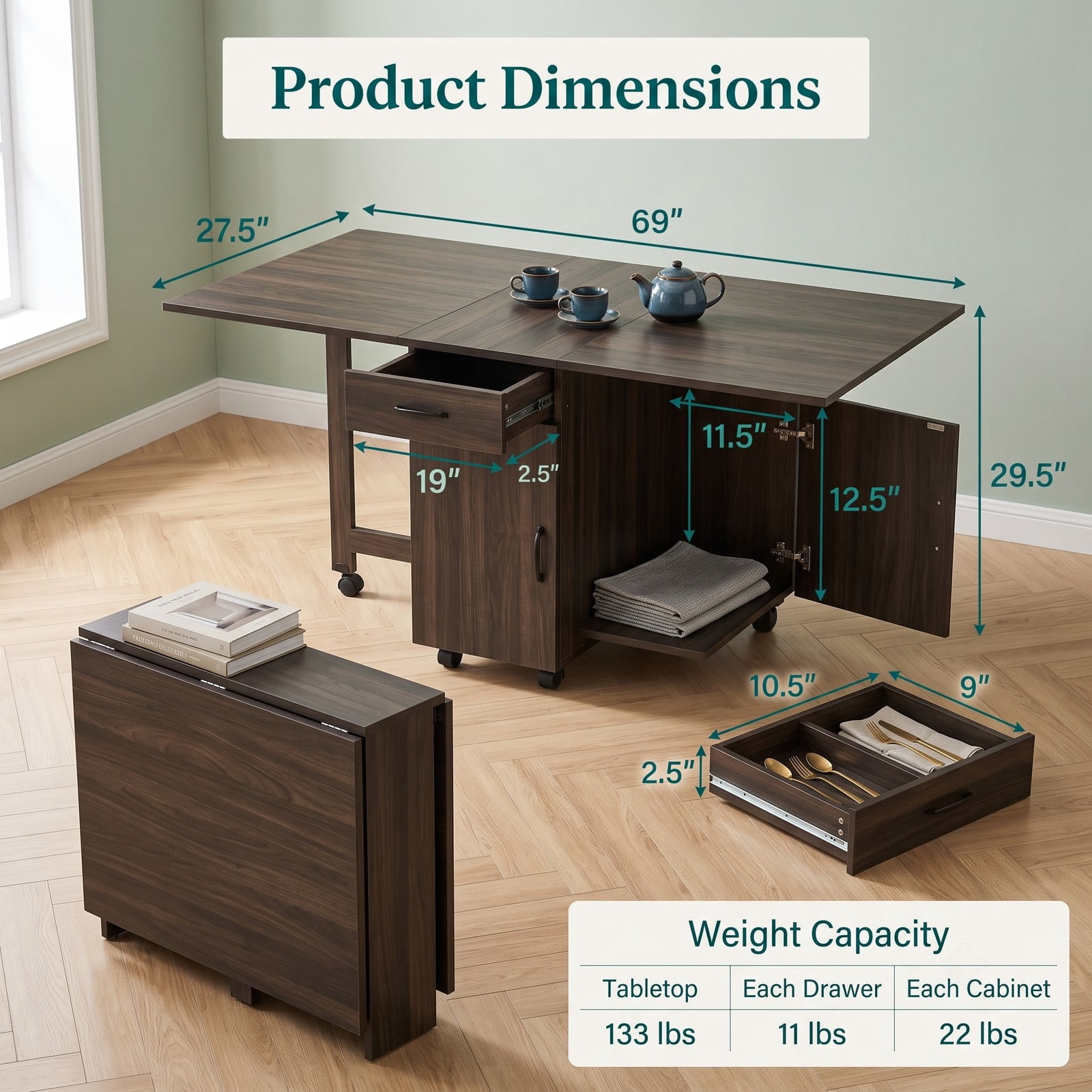 Furnibear 3-in-1 Folding Dining Table, Space-Saving Drop Leaf Kitchen Table with Storage Drawers, Cabinet & 6 Lockable Wheels for Small Spaces, Walnut