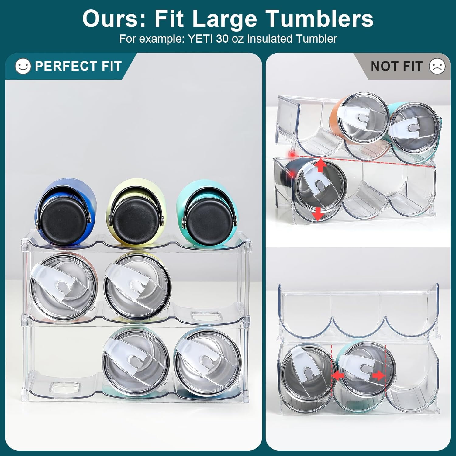 Stackable Water Bottle Organizer Holder - for Stanley & Others' Large Tumbler - Clear Wine Rack, Cup Bottle Holder for Cabinet Home Countertop Fridge Pantry Shelf