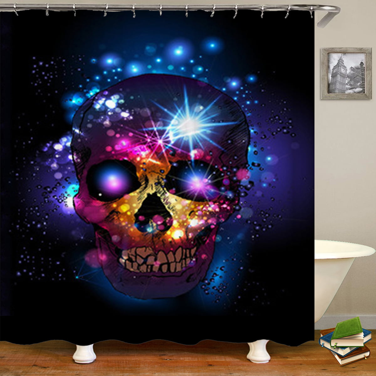 Polyester Fabric Shower Curtain Set Halloween Skull & Flowers Day of The Dead