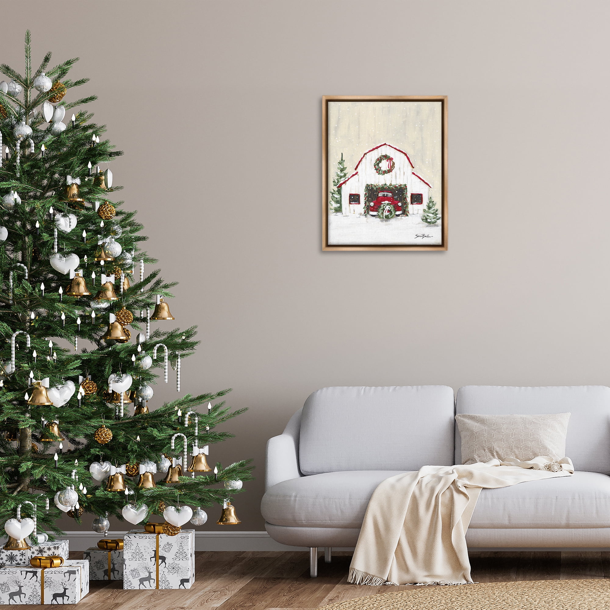 Stupell Industries Seasonal Garlands Barn Holiday Painting Brown Floater Framed Canvas Art Prints Wall Art, 25 x 31