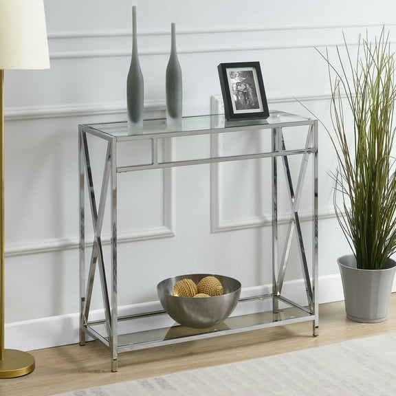 HomeStock Rustic Romance Chrome Glass Hall Table with Shelf