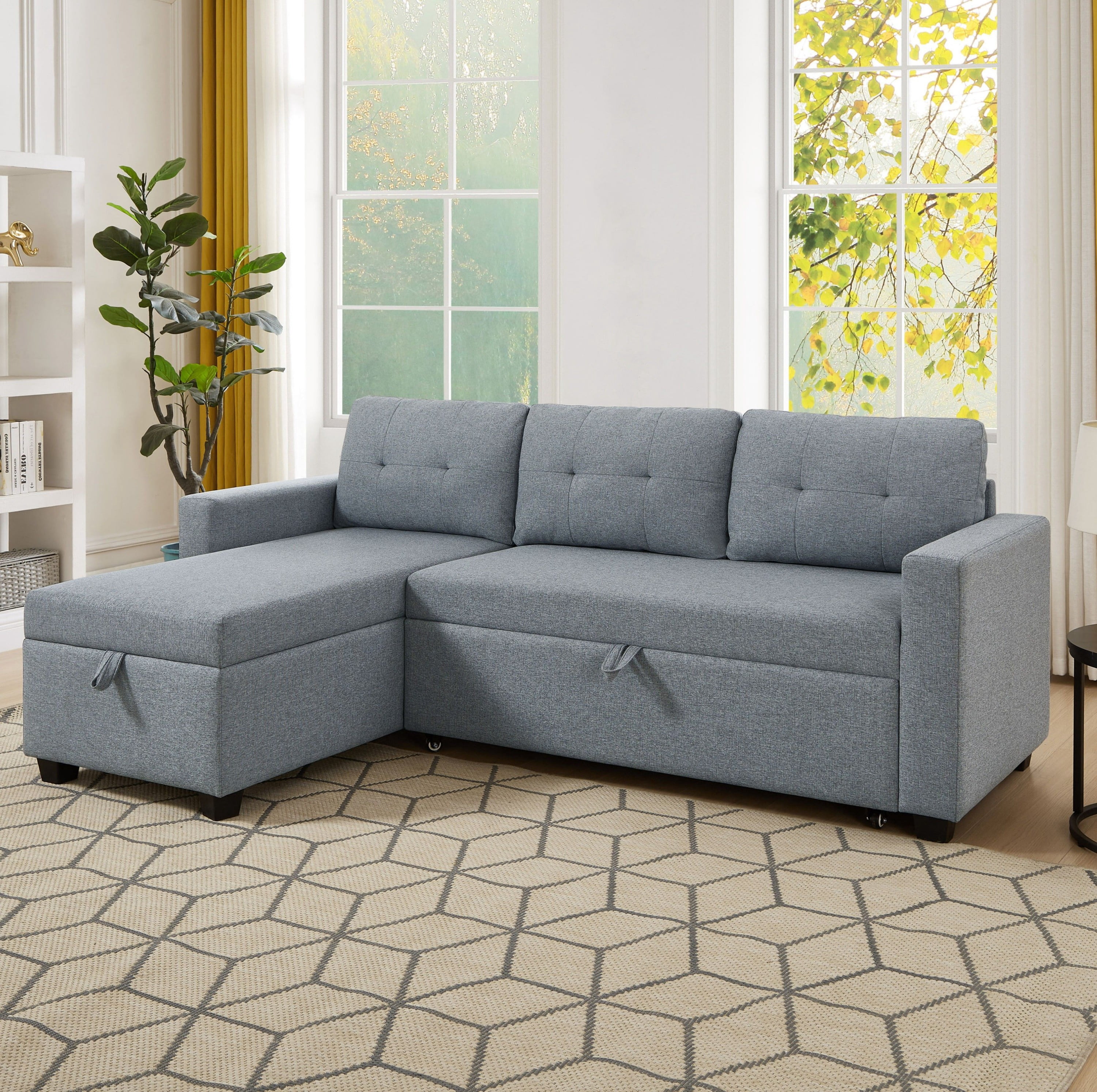 4-in-1 Convertible L Shaped Sleeper Sofa with Pull Out Bed and Storage Chaise, Linen Sectional Corner Couch with Removable Back Cushions for Living Room, Apartment, Bedroom,Office,Light Grey