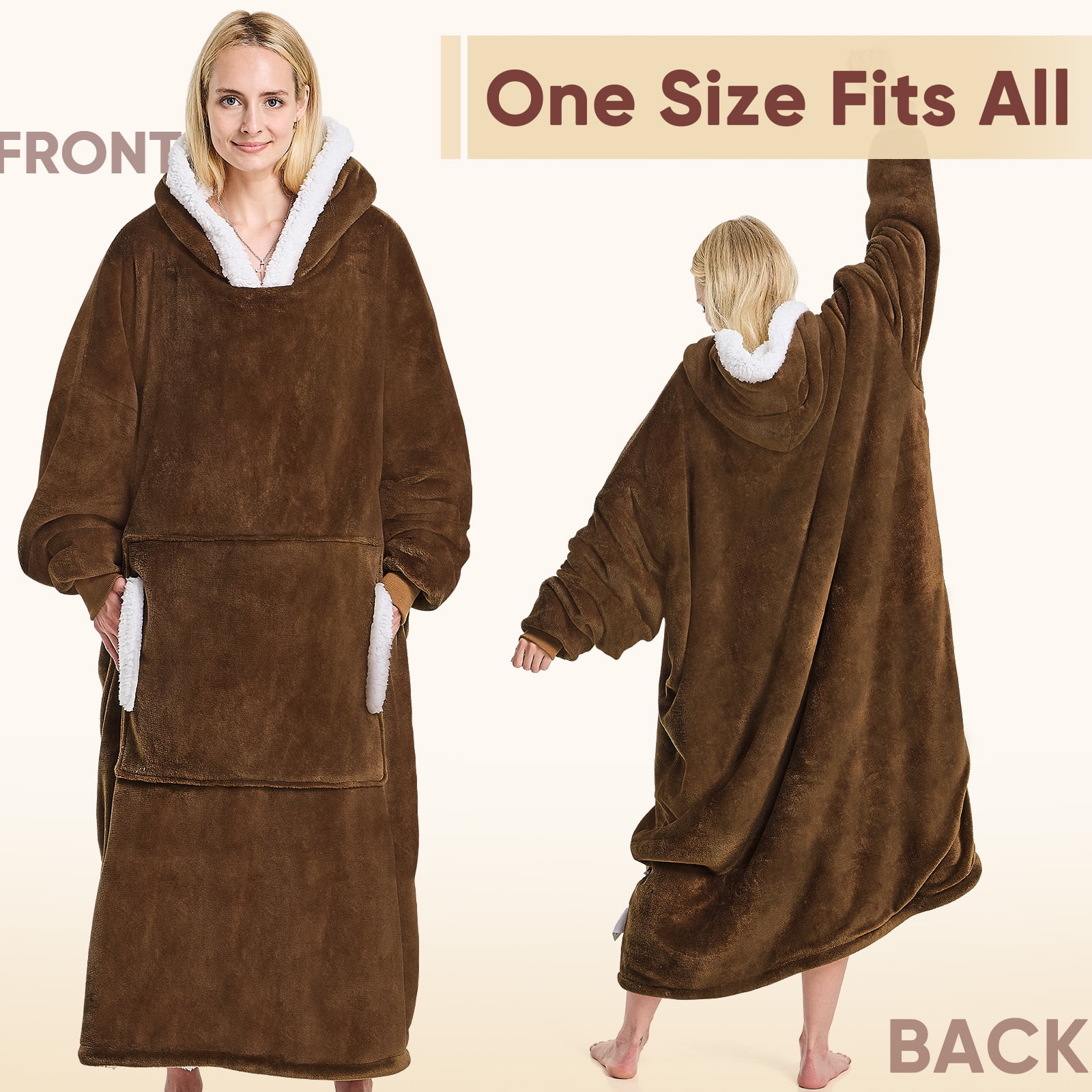 PMONPA Wearable Blanket Hoodie, Flannel Sherpa Fleece, Warm and Cozy Giant Sweatshirt for Adult, Woman and Man, One Size Fits All (Brown)