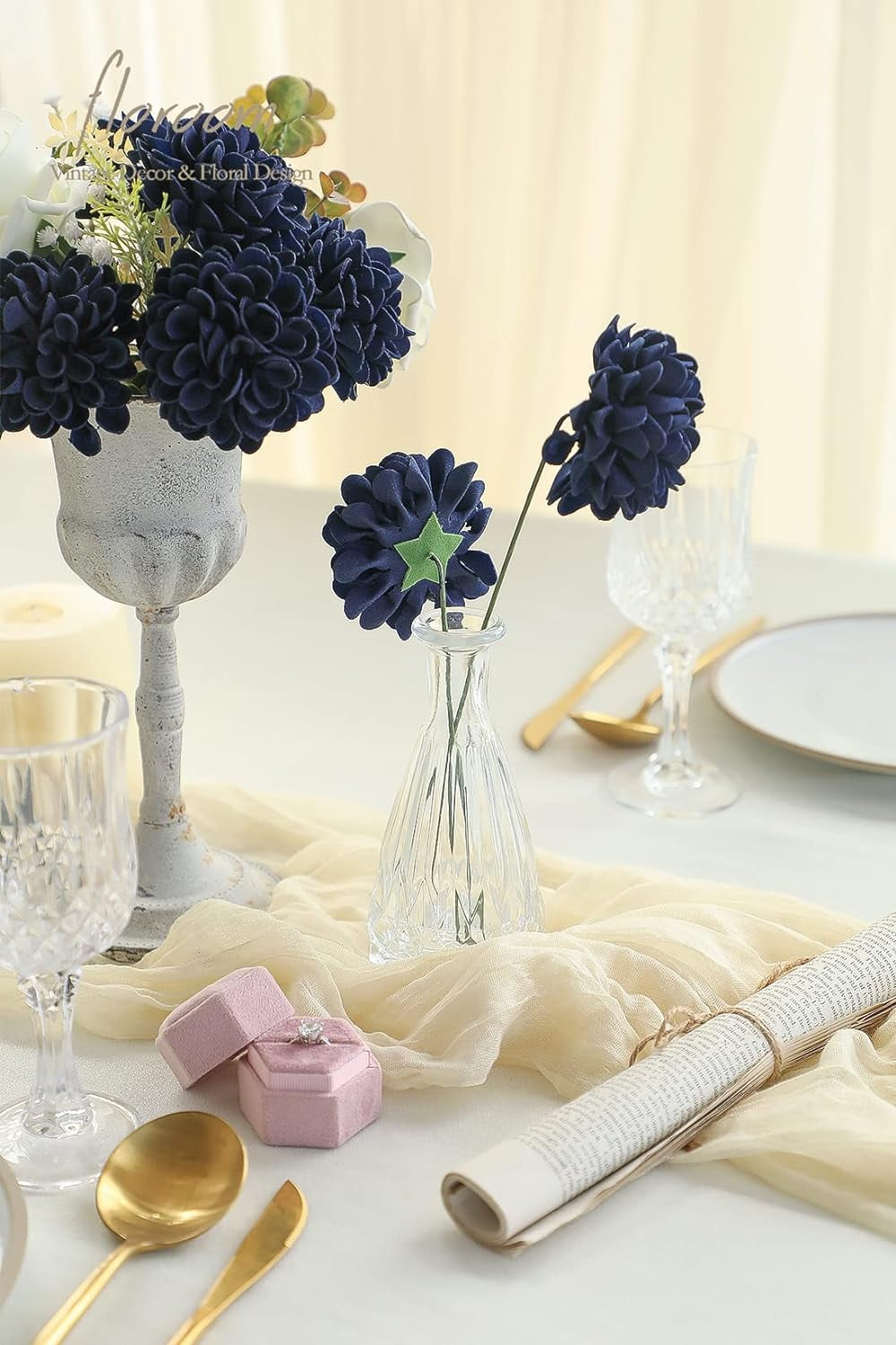 Artificial Dahlia Flowers 25pcs Real Looking Navy Blue Foam Fake Roses with Stems for DIY Wedding Bouquets Bridal Shower Centerpieces Floral Arrangements Party Tables Home Decoration