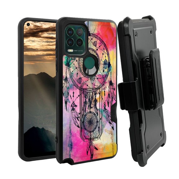 ANJ  Rugged Shockproof Holster Case w/Card Slot, Kickstand   Tempered Glass for Motorola Moto G Stylus 5G - Abstract Dreamcatcher