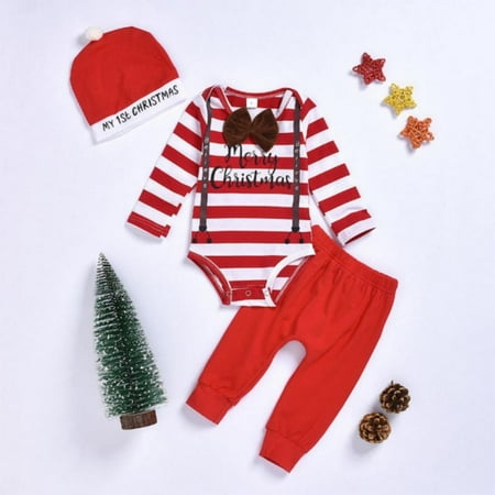 

Baby Unisex Merry Christmas Printed Romper Striped Pant Hat Outfit Clothes 6-12 Months