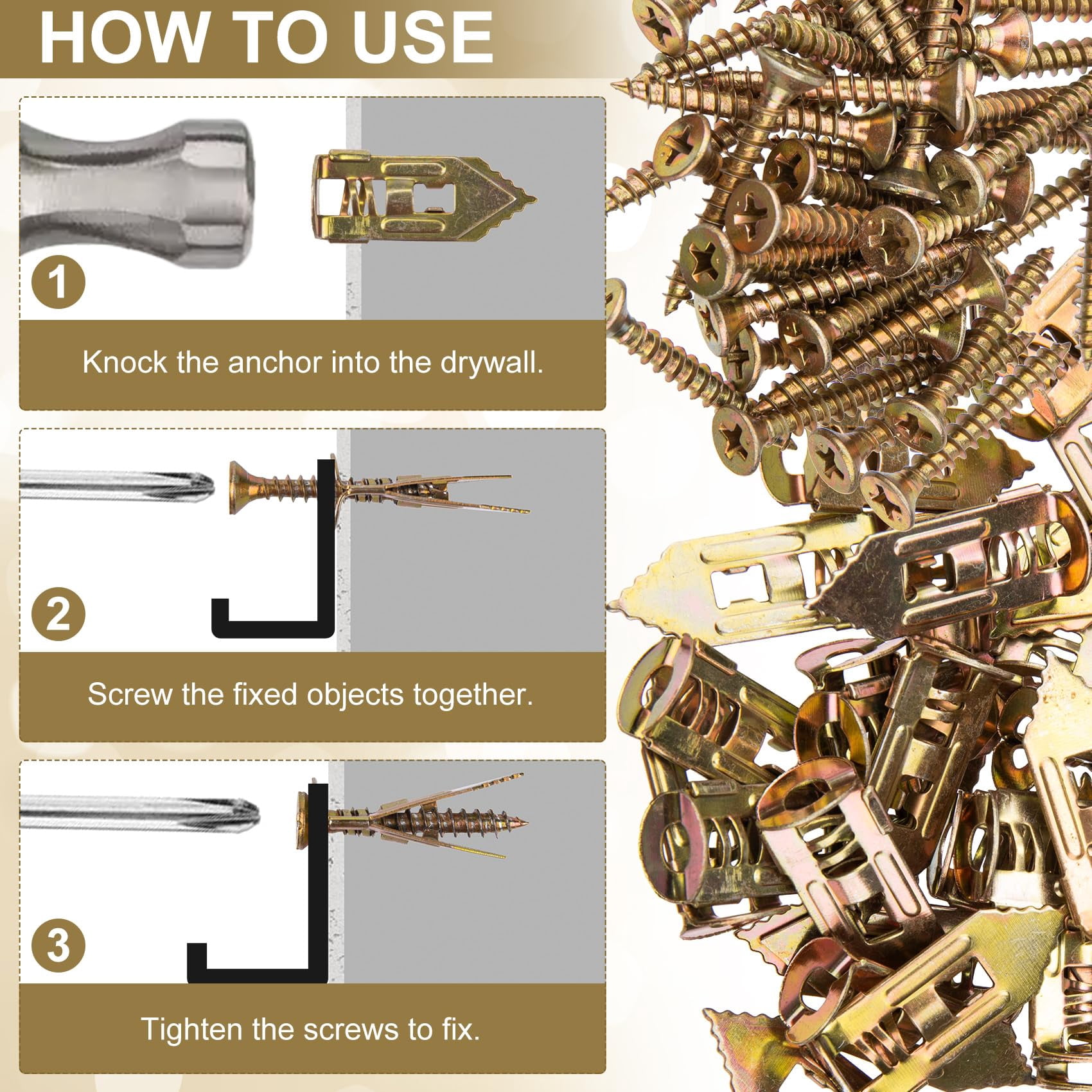 36PCS Self-Drilling Drywall Anchors, Zinc Plated Steel Screws and Anchors Kit Heavy Duty, No Drill or Holes in Wall, for Garden Statues, Patio Furniture, TV, Shelf Straps, Cabinets - 3 Sizes
