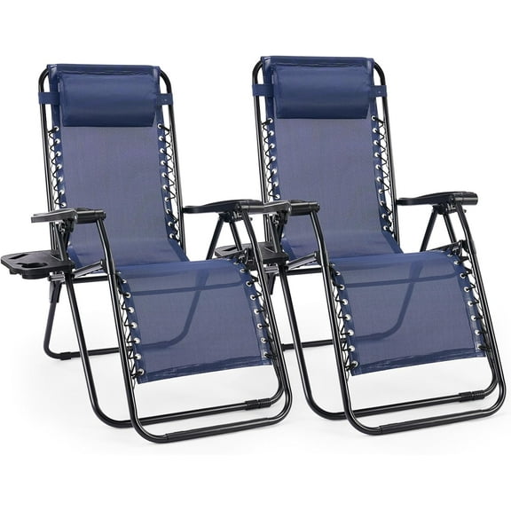 Zero Gravity Chairs, Set of 2 Portable Recliner Beach Camping Patio Outdoor Folding Lounge Chair with Cup Holder Trays and Adjustable Pillow for Poolside, Garden, Backyard, Lawn (Blue)