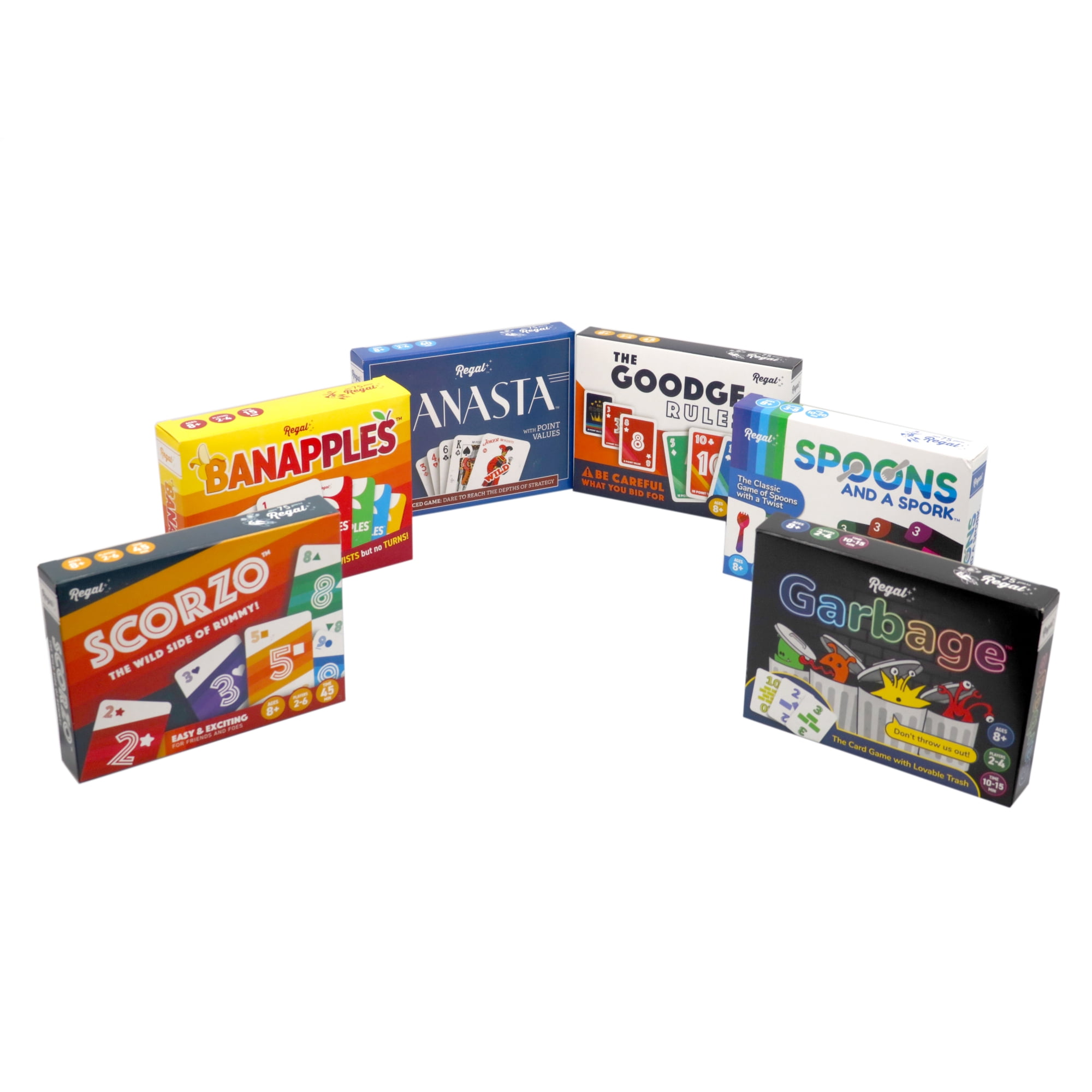 Regal Games, Mega Game Pack, 6 Card Games- ScorZo, The Goodge Rules, Banapples, Spoons and a Spork, Garbage, and Canasta - for Family Gatherings & Game Nights