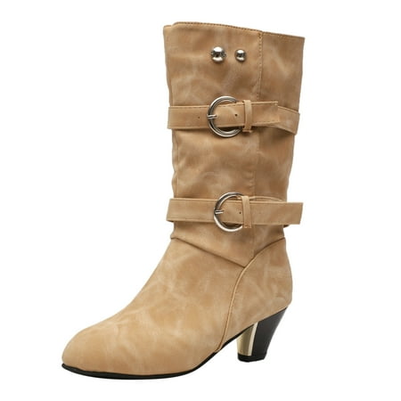 

QYZEU Italian Shoes for Women Wide Calf Over The Knee Boots for Women Leather Vintage Buckle Heel Plus Velvet Toe Round Mid Cowboy Boots Shoes Women S Women S Boots