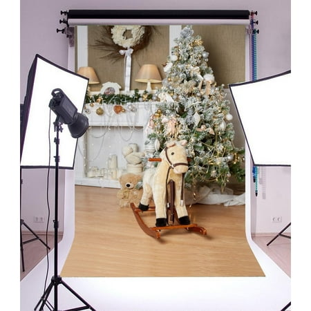 Image of HelloDecor 5x7ft Christmas Photography Backdrop Tree Interior Decorations Hobbyhorse Bear Dolls White Garland Scene Photo Background Children Baby Adults Portraits Backdrop