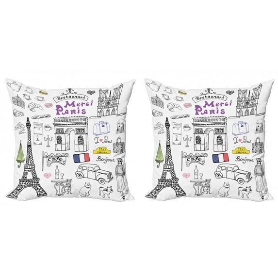 Ambesonne Hipster Throw Pillow Cover 2 Pack, Eiffel Tower Beret Taxi, 16", Multicolor