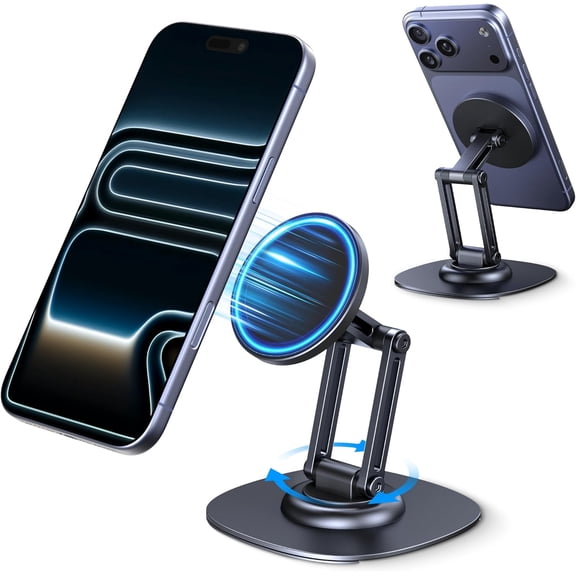Magnetic Phone Stand, Fits for MagSafe, 360 °   Rotation Adjustable Strong Magnets Desk Office Kitchen Foldable Phone Holder Stand with Non-Slip Base for iPhone 17/16/15/14/13/12 Series, White
