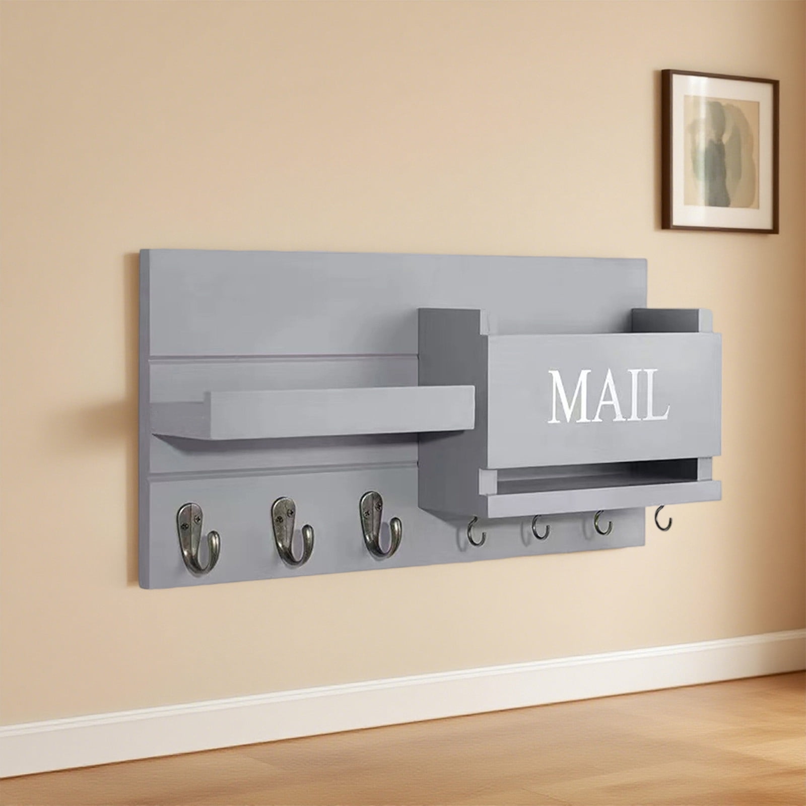 PONPRNGY Mail Organizer for Wall Mount – Key Holder with Shelf Includes Letter Holder and Hooks for Hallway Farmhouse Decor – Rustic Wood with Flush Mounting Hardware