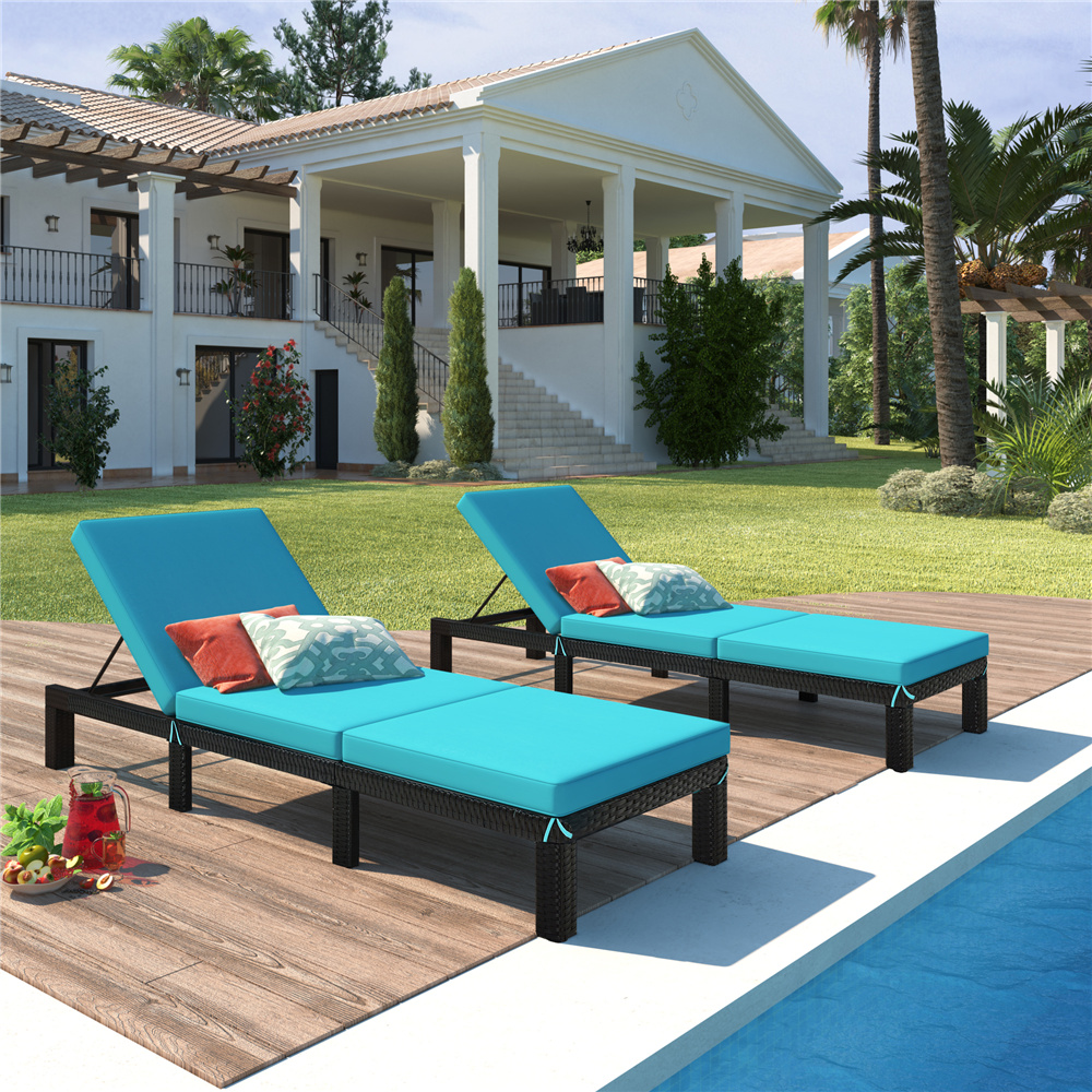 Chaise Lounge Chair, 2Pcs Patio Chaise Lounge Chairs Furniture Set with Blue Cushion and Adjustable Back, All-Weather PE Rattan Reclining Lounge Chair for Beach, Backyard, Porch, Garden, Pool, LLL1718 - image 1 of 10
