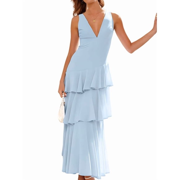 Tiered Chiffon Bridesmaid Dresses for Women Ruffle Formal Evening Dresses Long with Pleated Blue XL