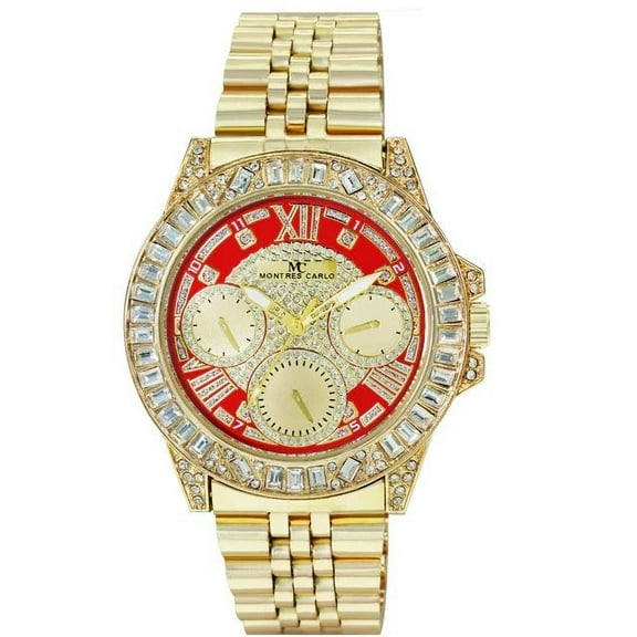 44mm Montres Carlo Men's Metal Band Luxury Sports Analog Fashion Dress Watch (Gold/Red)