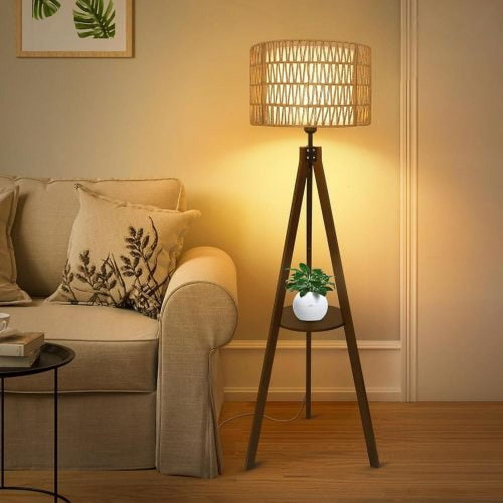 Hi-LIGHTS,Boho Tripod Floor Lamp with Shelves & ON/Off Foot Switch,Mid Century Wood Standing Lamp with Rattan & Fabric Shades,Modern Farmhouse Tall Floor Lamps for Living Room Bedroom Office(Brown)