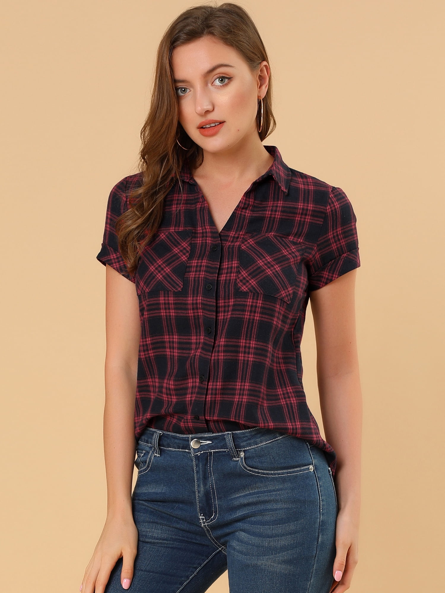 DARING DIVA Women's Plaid Shirts Cotton Short Sleeve Button Down Shirt 3XL Red Black