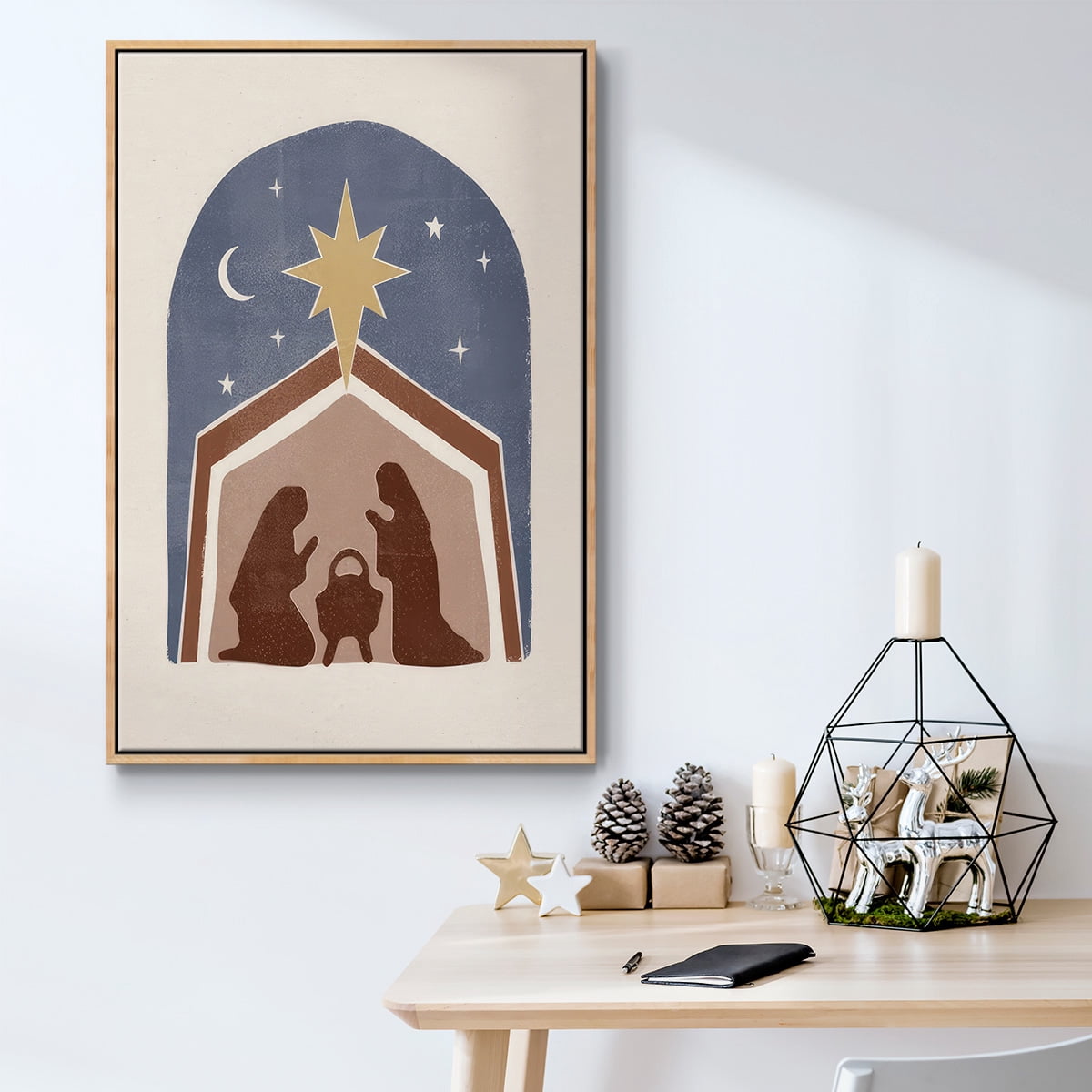 Boho Nativity I - Framed Gallery Wrapped Holiday Canvas - 27 x 41 - Natural Wood Frame