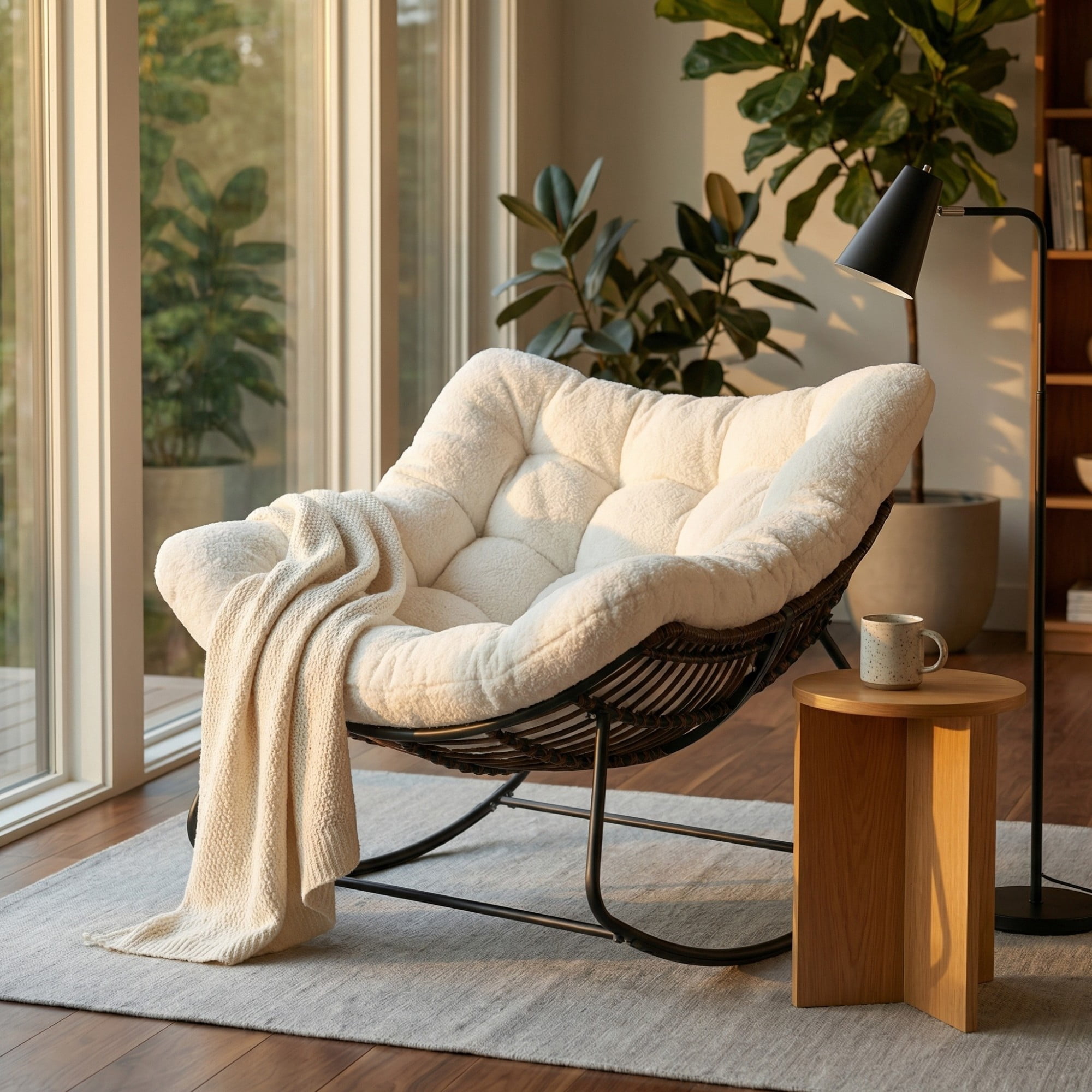 Outdoor Papasan Rocking Chair Oversized, Rattan Egg Rocker Chair with Padded Cushion, 400lbs Patio Wicker Rocking Chair for Living Room Porch Backyard, White