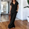 thumbnail image 5 of Women's V Neck Short Sleeve Top & Wide Leg Pants Set, Soft Nylon Spandex Loungewear, Casual 2 Piece Outfit with Stretchy Waist, for Relaxed Days, Work from Home, or | TruBelle,Black L, 5 of 8