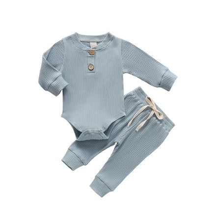 

Bmnmsl Newborn Pants 2 Pcs Outfits Solid Ribbed Long Sleeve Romper Trousers