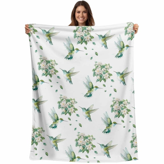 Summer Botanical Blanket Soft Cozy Warm Throw Blanket for Couch, Plush Fuzzy Flannel Fleece Blankets for Sofa, Green Spring Floral Birds Watercolor Bed Blankets Lightweight Gifts for Women, 40"x50"