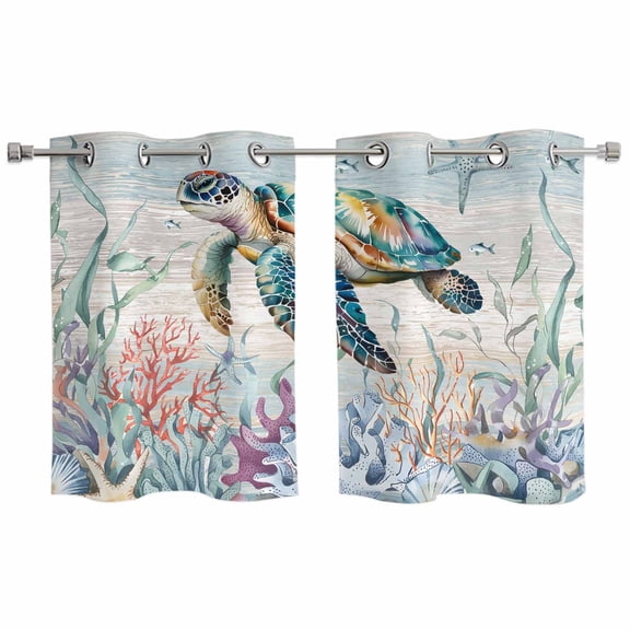 Coastal Turtle Kitchen Curtains Window Panels, Nautical Beach Sea Ocean Coral Vintage Insulated Window Treatment Curtain, Grommet Curtains for Bedroom/Living Room/Bathroom, 2 Piece 27.5"Wx39"L