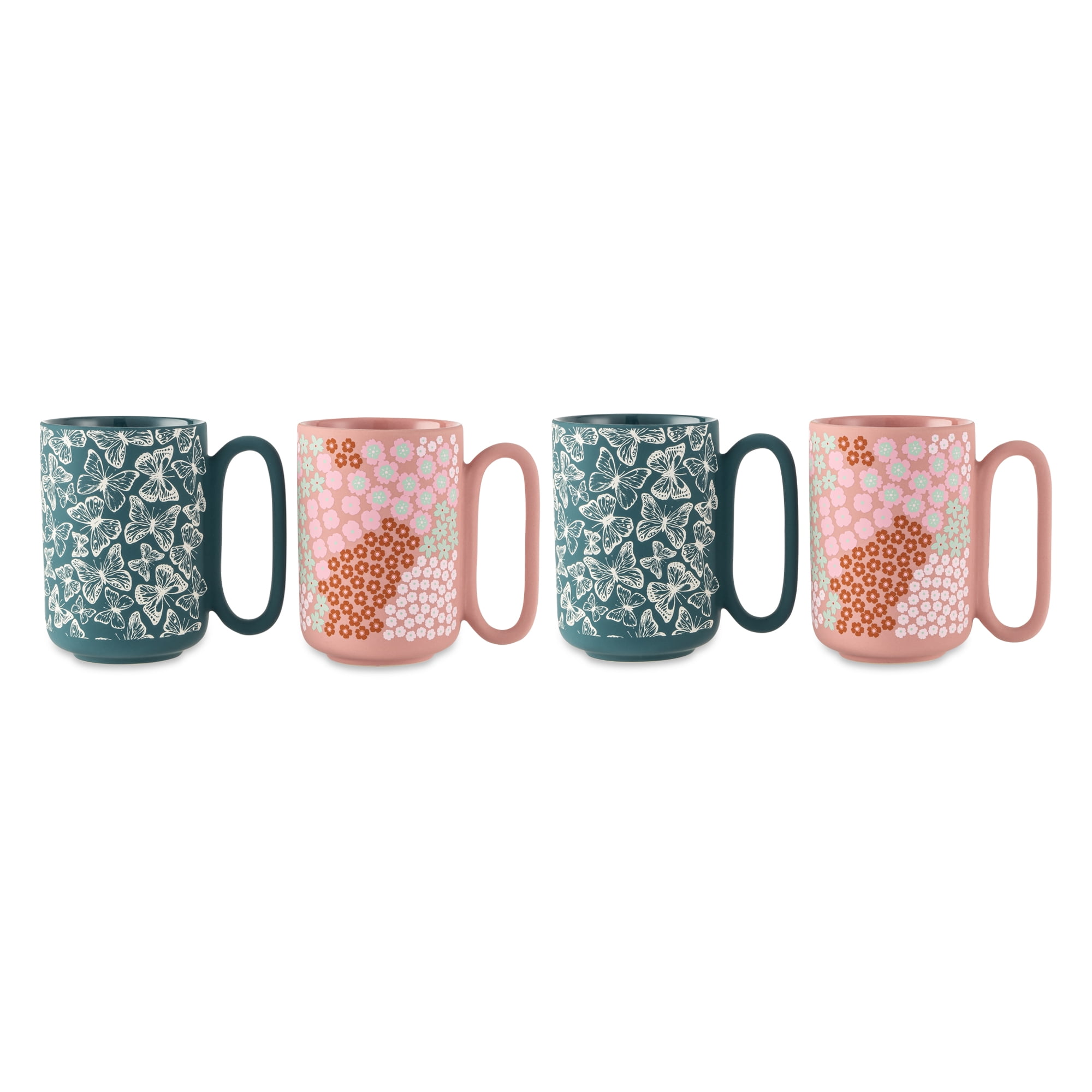 Thyme & Table 4-Pack Green Butterflies and Pink Flowers Stoneware Mugs, 19.6 fl oz, Soft Touch