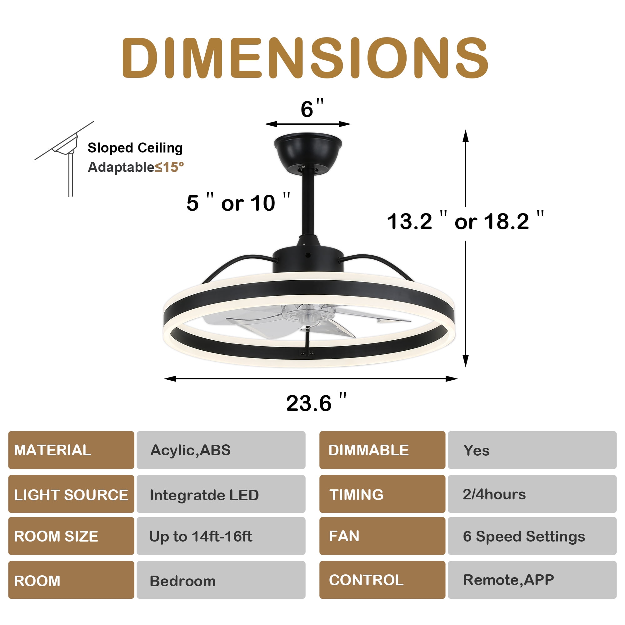 24" Modern Reversible Ceiling Fan with Dimmable Light, 6-Speed Ceiling Fan with Remote and APP Control