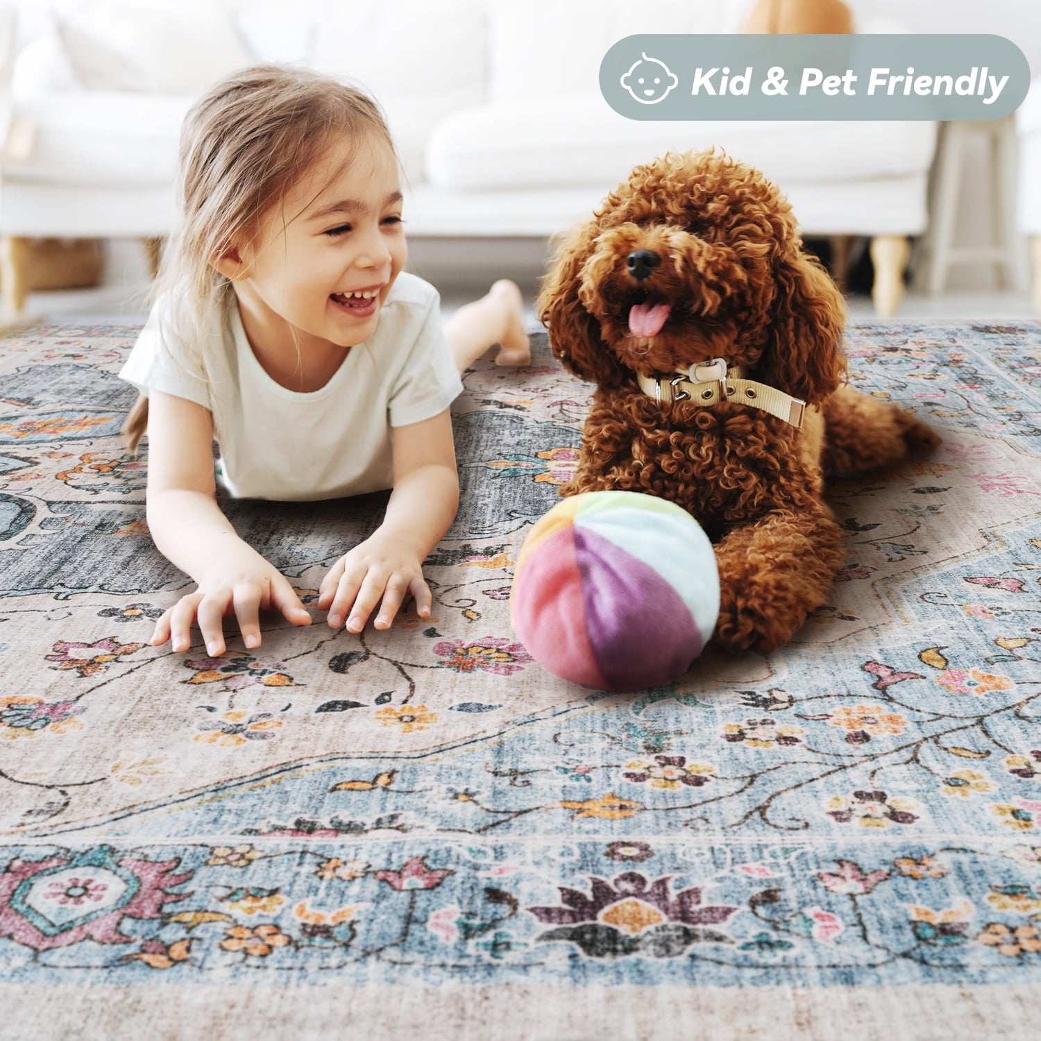 VUNATE 5'x7' Area Rugs for Living Room Washable Rugs Floral Vintage Area Rug Botanical Indoor Carpet Soft Rugs for Bedroom Office Dining Room Kitchen Accent Rug Contemporary Home Decor Blue